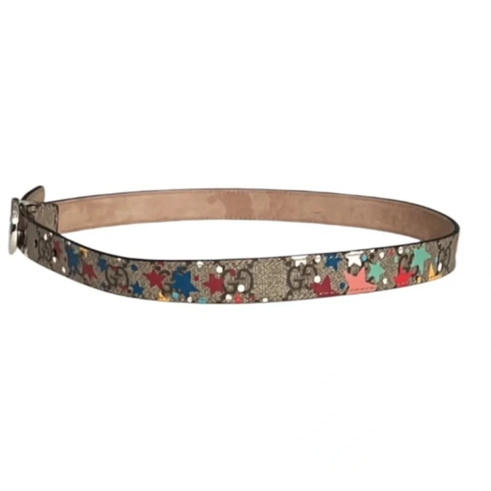 Authentic Gucci luxury designer signature GG star print leather belt kids sz S